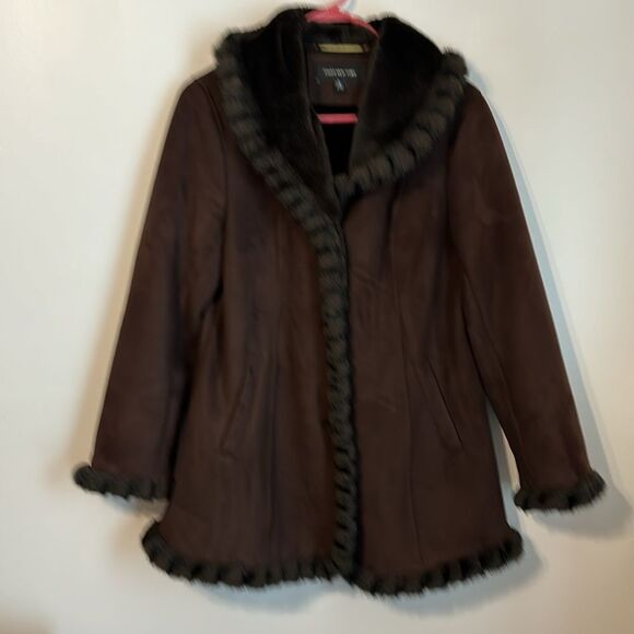 Jones New York Women’s Brown Soft Suede Leather Faux Fur Winter Coat Jacket S - Picture 2 of 16